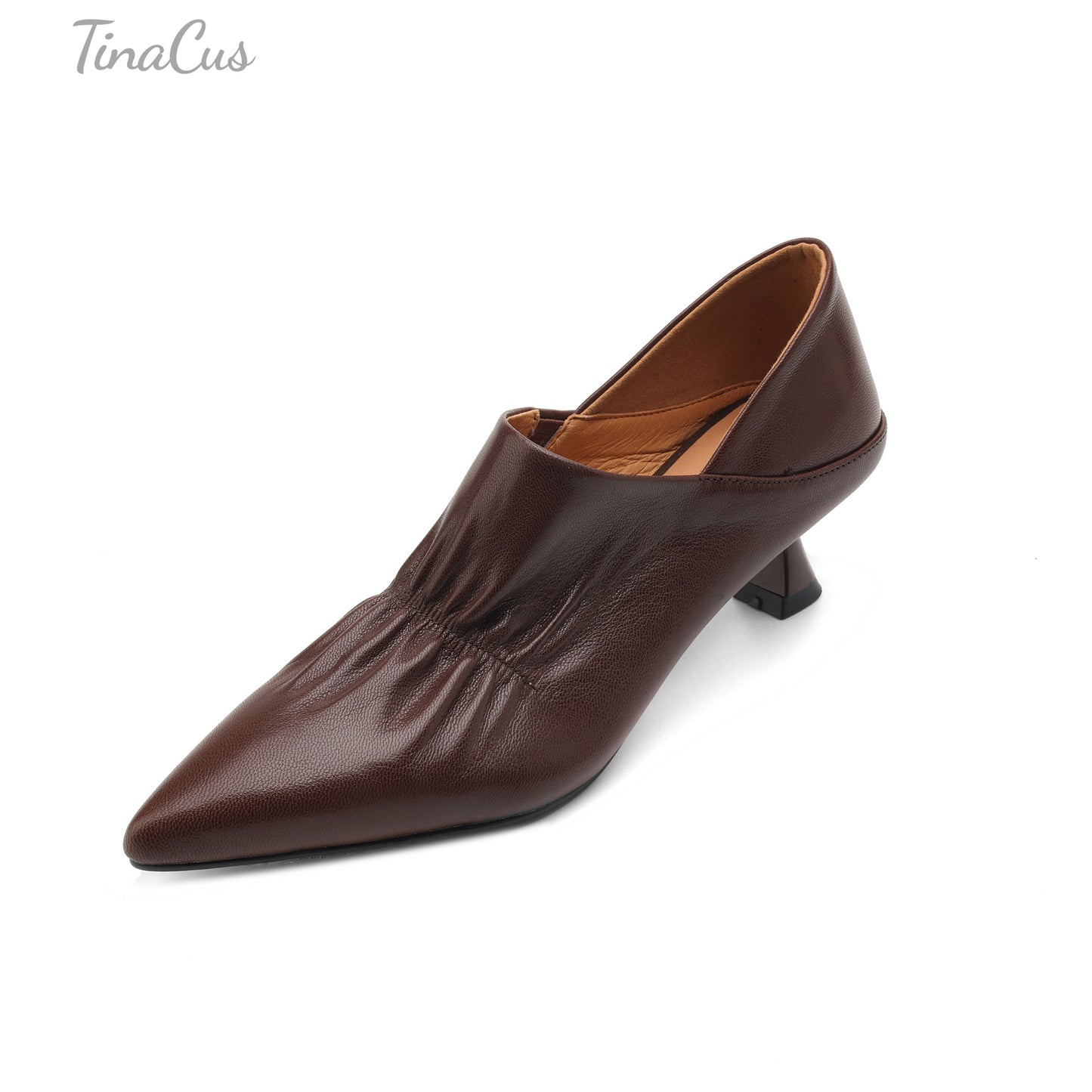 TinaCus Genuine Leather Women's Pointed Toe Kitten Heels Handmade Slip On Pumps Shoes