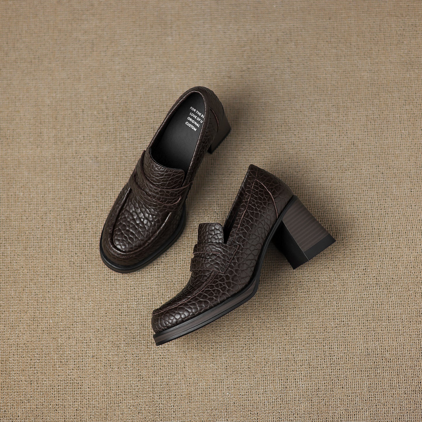 TinaCus Women's Penny Loafer Handmade Embossed Leather Round Toe Block High Heel Office Business Pump Shoes