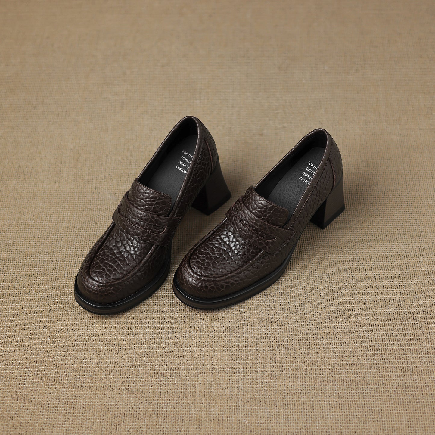 TinaCus Women's Penny Loafer Handmade Embossed Leather Round Toe Block High Heel Office Business Pump Shoes