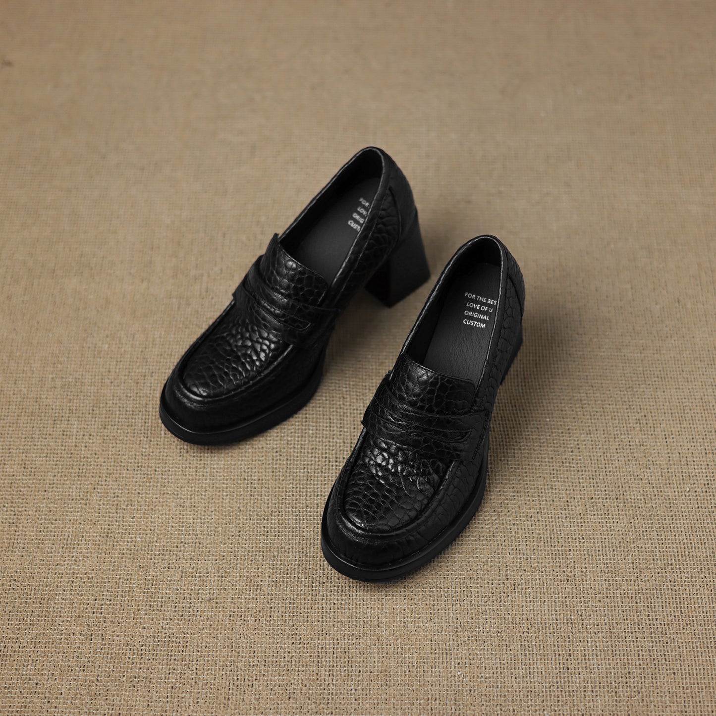 TinaCus Women's Penny Loafer Handmade Embossed Leather Round Toe Block High Heel Office Business Pump Shoes