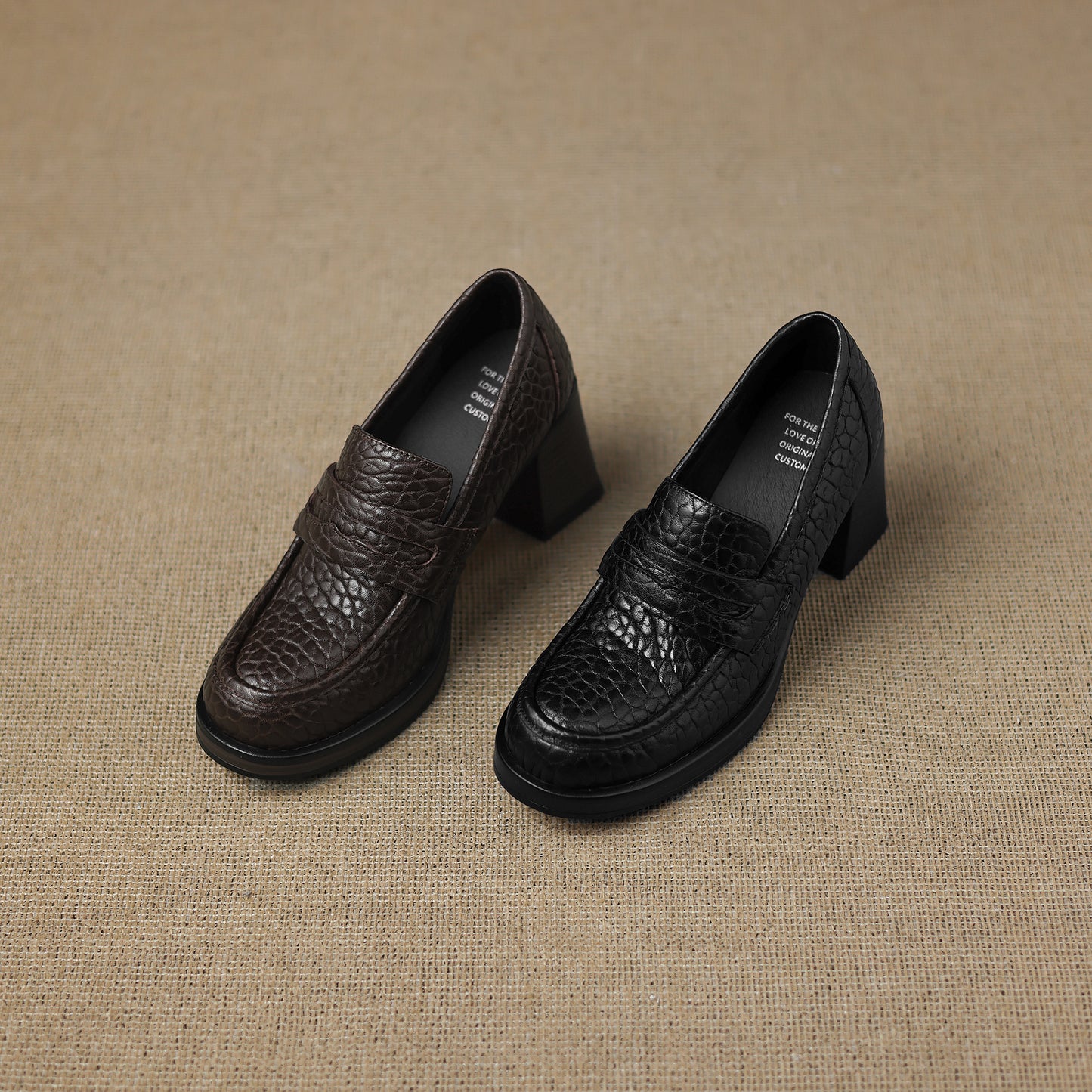 TinaCus Women's Penny Loafer Handmade Embossed Leather Round Toe Block High Heel Office Business Pump Shoes