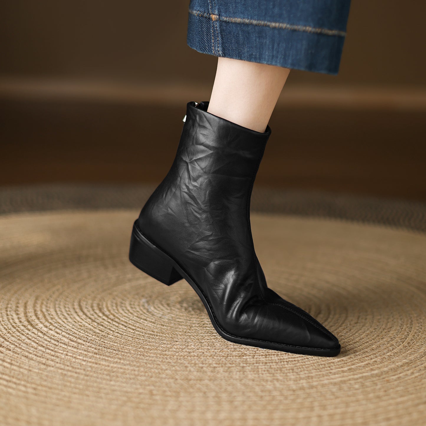 TinaCus Women's Genuine Leather Handmade Back Zipper Pointed Toe Chunky Low Heel Ankle High Chelsea Booties