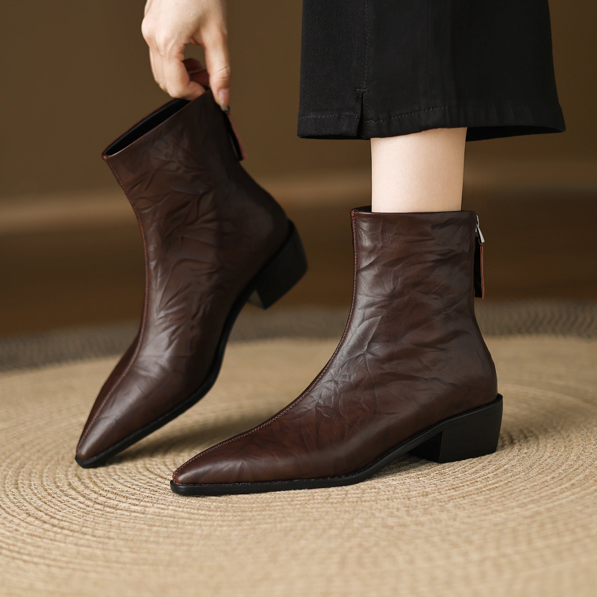 TinaCus Women's Pointed Toe Leather Ankle Boots - Chunky Low Heel, Back Zipper, Handmade & Stylish