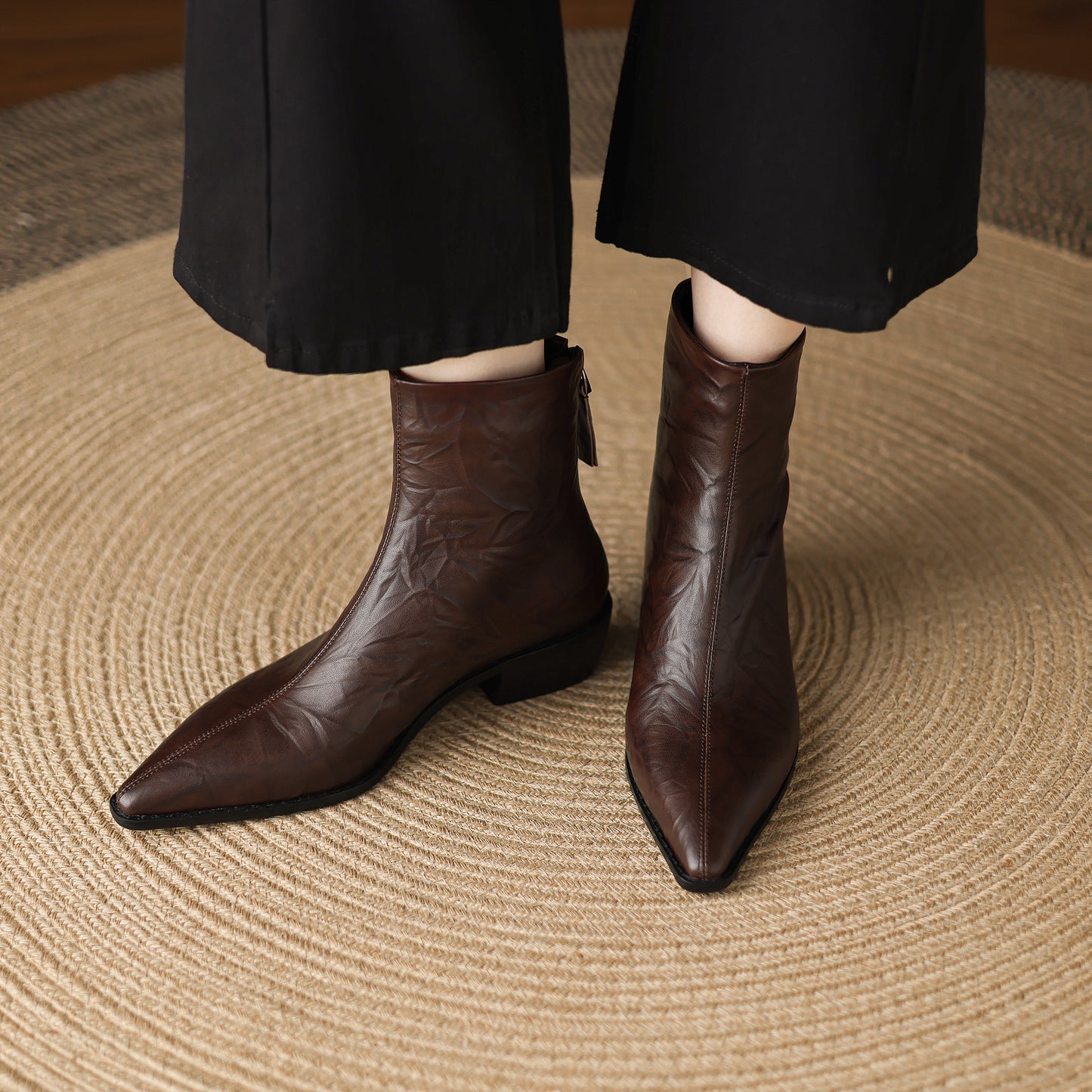 TinaCus Women's Genuine Leather Handmade Back Zipper Pointed Toe Chunky Low Heel Ankle High Chelsea Booties