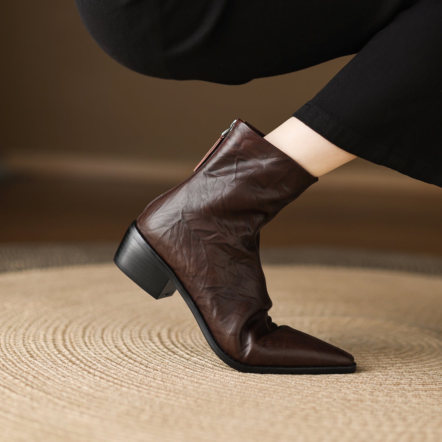 TinaCus Women's Genuine Leather Handmade Back Zipper Pointed Toe Chunky Low Heel Ankle High Chelsea Booties