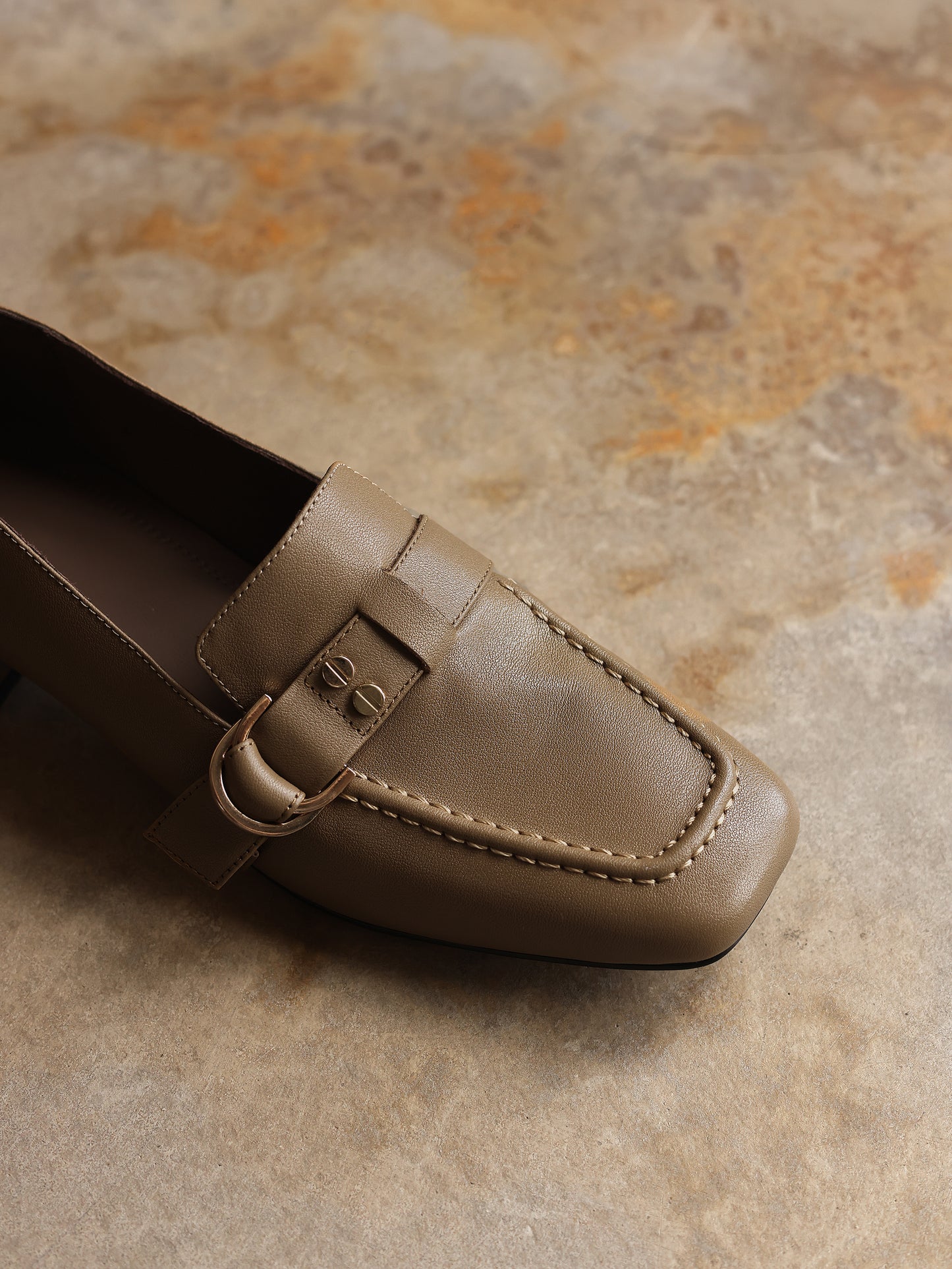 TinaCus Women’s Square Toe Genuine Leather Handmade Gold Buckle Business Office Loafers