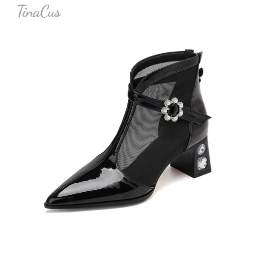 TinaCus Handmade Women's Leather&Mesh Pointed Toe Rhinestone Back Zipper Block Heel Ankle Booties