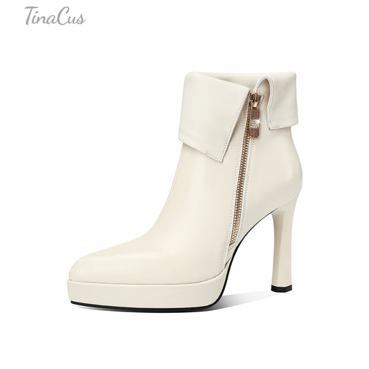 TinaCus Platform High Heels Zip up Ankle Boots Women's Pointed Toe Genuine Leather Handmade Chic Booties