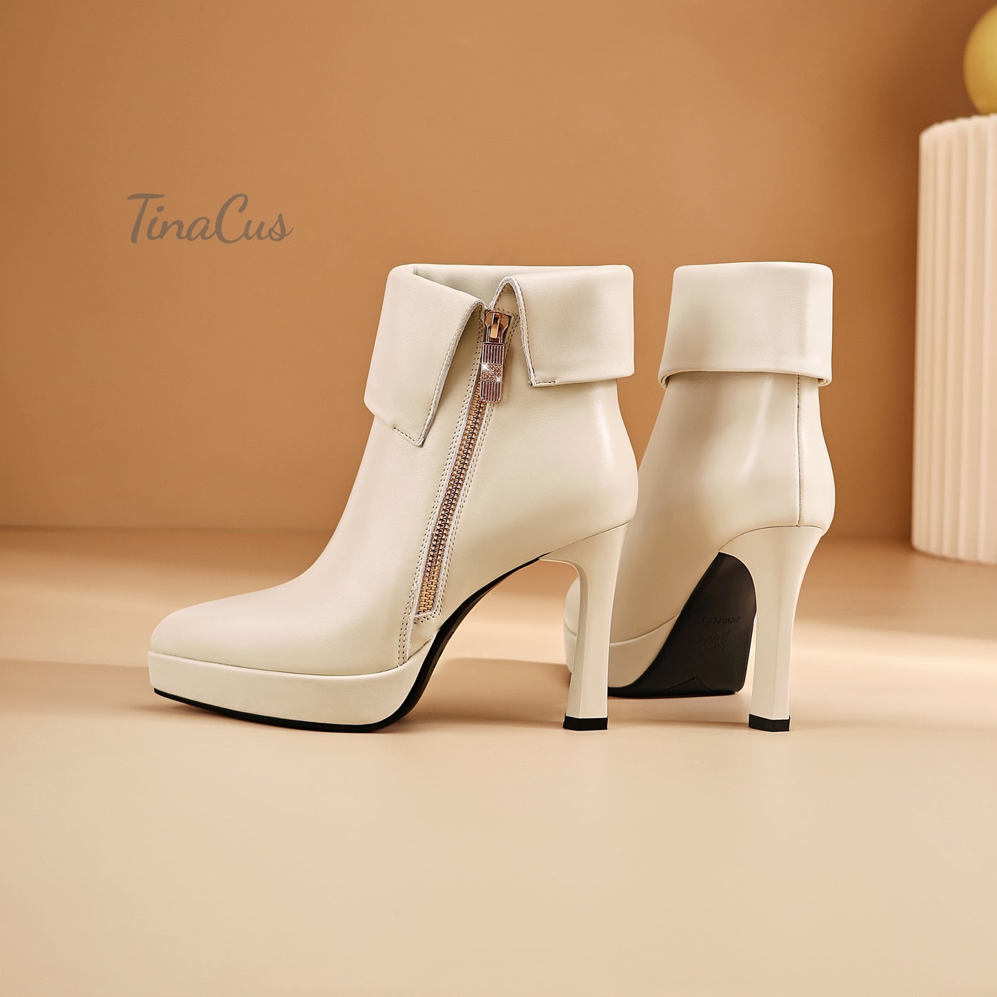 TinaCus Platform High Heels Zip up Ankle Boots Women's Pointed Toe Genuine Leather Handmade Chic Booties