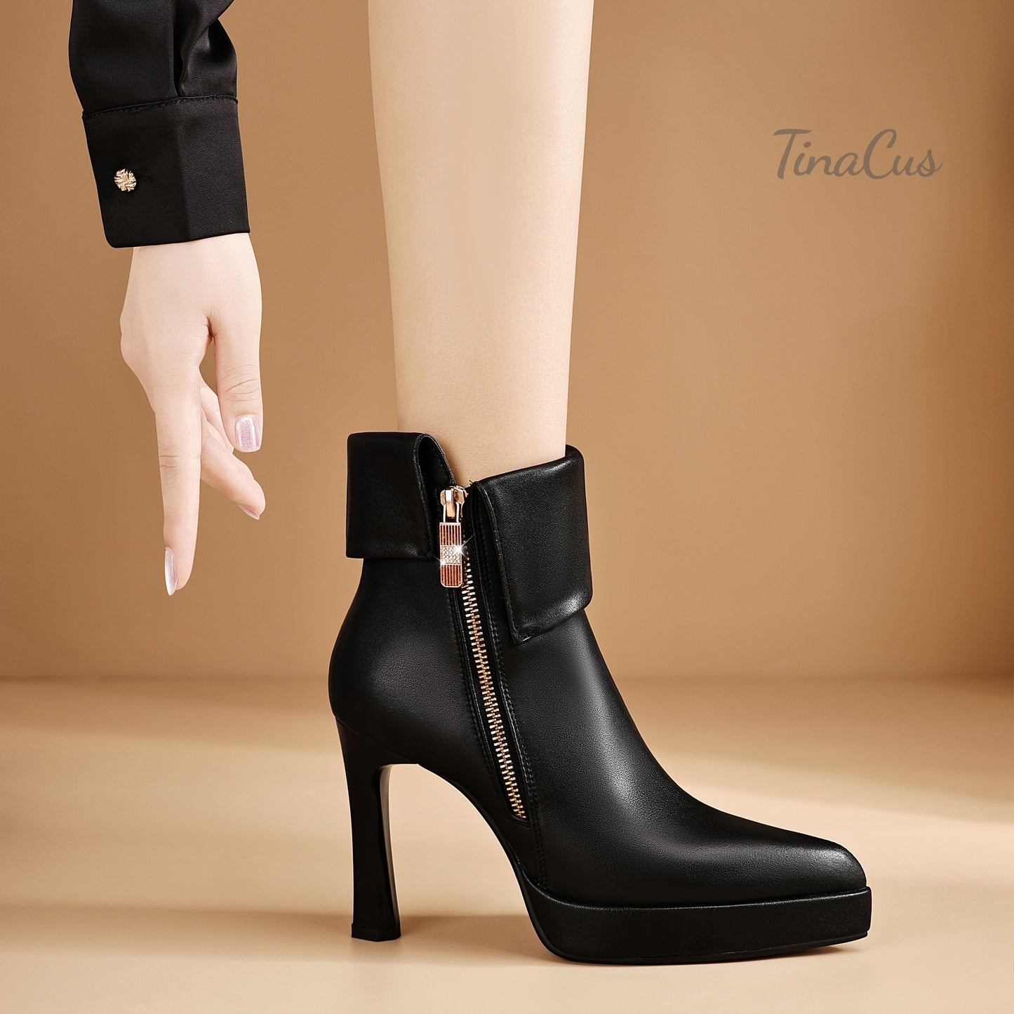 TinaCus Platform High Heels Zip up Ankle Boots Women's Pointed Toe Genuine Leather Handmade Chic Booties