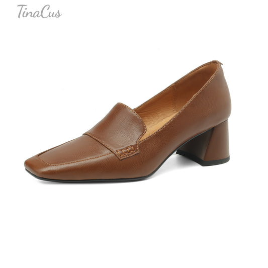 TinaCus Women's Square Toe Genuine Leather Handmade Chunky Heels Slip-on Casual Loafers Shoes