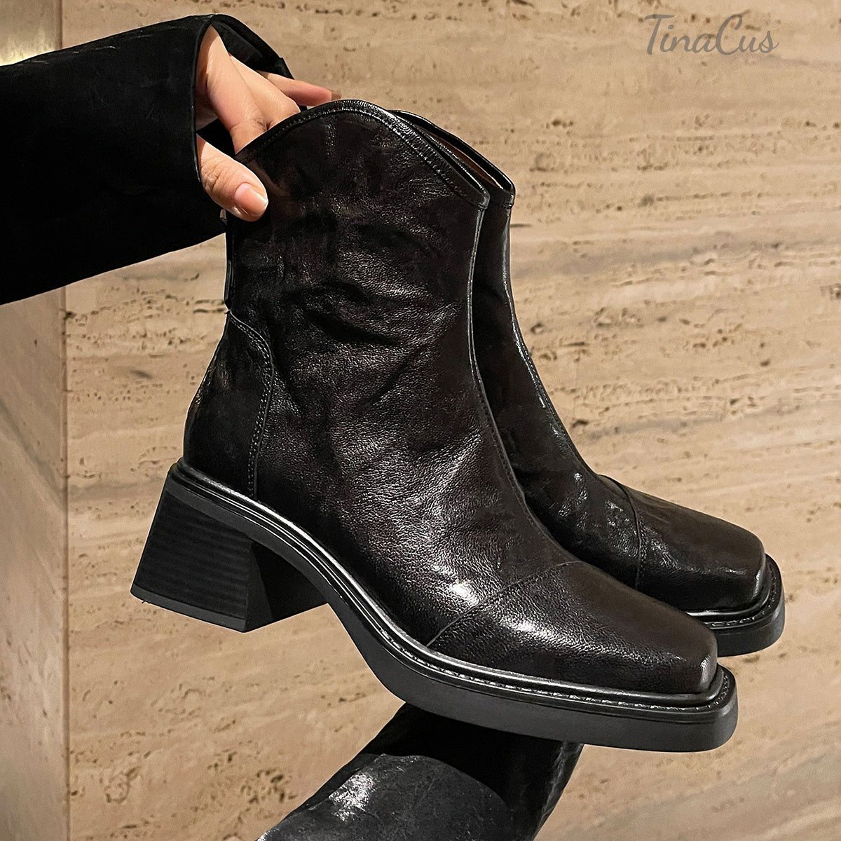 TinaCus Women's Mid Block Heel Back Zip Square Toe Ankle Boots