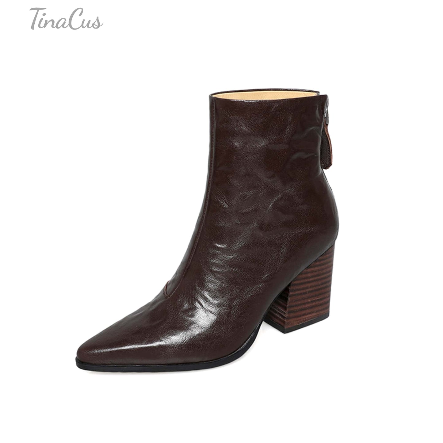 TinaCus Women's Genuine Leather HandmadeStylish Back Zipper Pointed Toe High Block Heel Ankle Booties