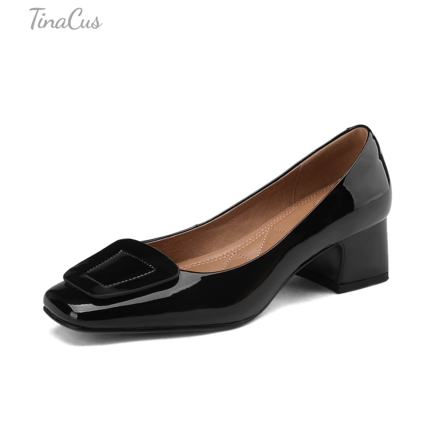 TinaCus Square Toe Glossy Patent Leather Handmade Low Chunky Heels Women's Casual Loafers Shoes