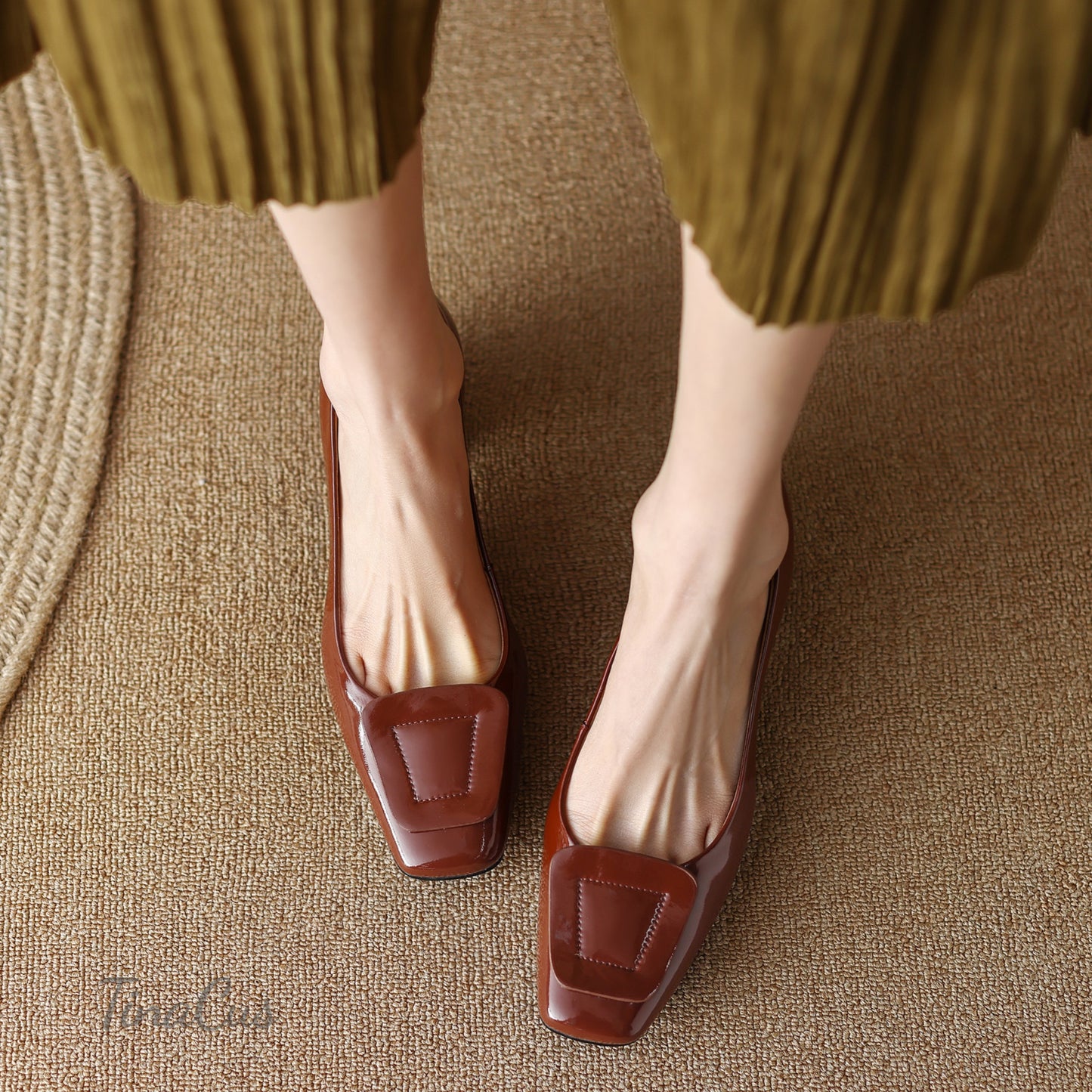TinaCus Square Toe Glossy Patent Leather Handmade Low Chunky Heels Women's Casual Loafers Shoes