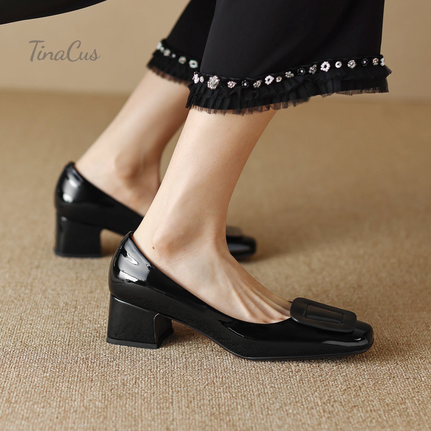 TinaCus Square Toe Glossy Patent Leather Handmade Low Chunky Heels Women's Casual Loafers Shoes
