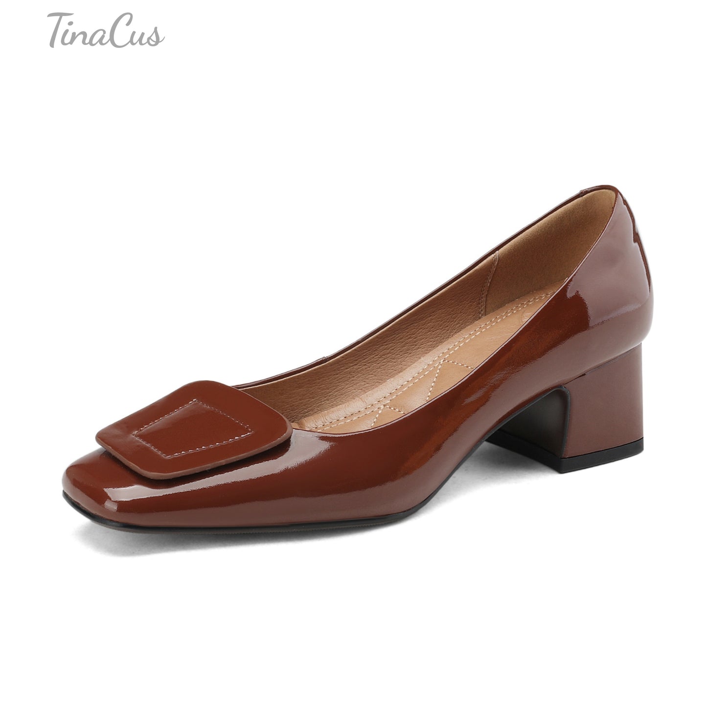 TinaCus Square Toe Glossy Patent Leather Handmade Low Chunky Heels Women's Casual Loafers Shoes