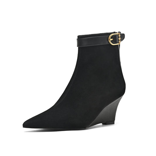 TinaCus Women's Wedge Heel Suede Leather Handmade Buckle Pointed Toe Zip Ankle Boots