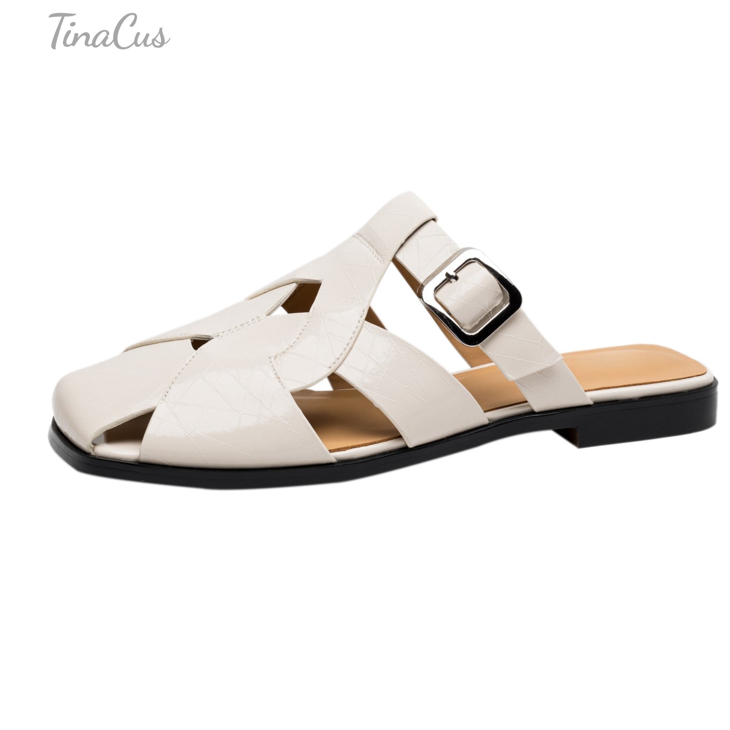 TinaCus Genuine Leather Women's Closed Toe Handmade Buckle Comfortable Flat Slippers Sandals