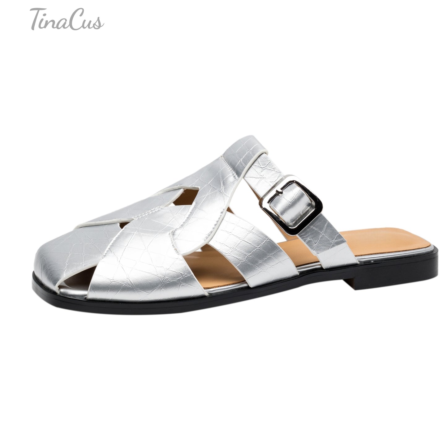 TinaCus Genuine Leather Women's Closed Toe Handmade Buckle Comfortable Flat Slippers Sandals