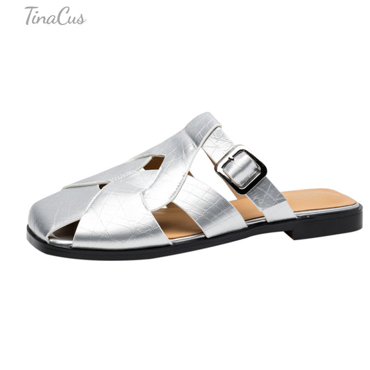 TinaCus Genuine Leather Women's Closed Toe Handmade Buckle Comfortable Flat Slippers Sandals