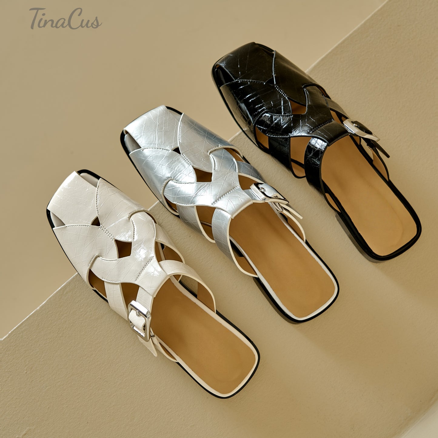 TinaCus Genuine Leather Women's Closed Toe Handmade Buckle Comfortable Flat Slippers Sandals