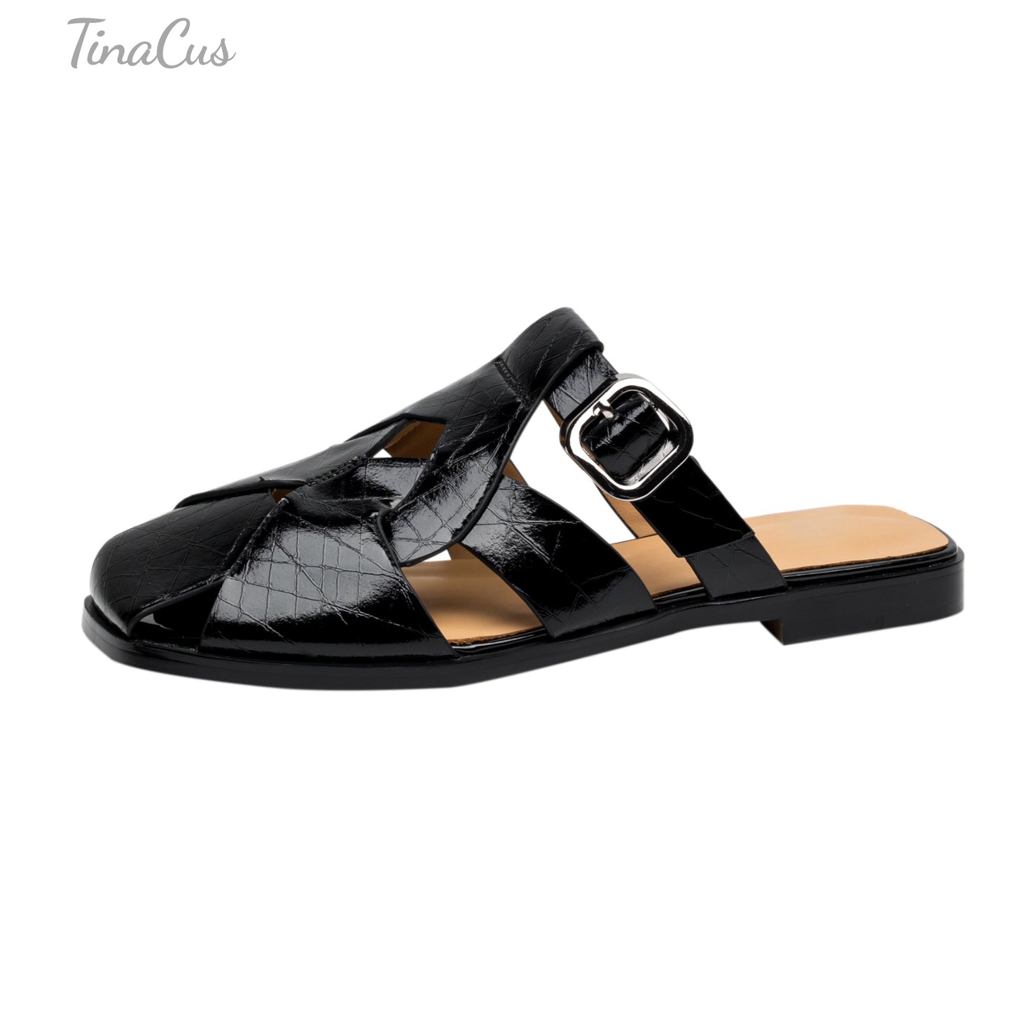 TinaCus Genuine Leather Women's Closed Toe Handmade Buckle Comfortable Flat Slippers Sandals