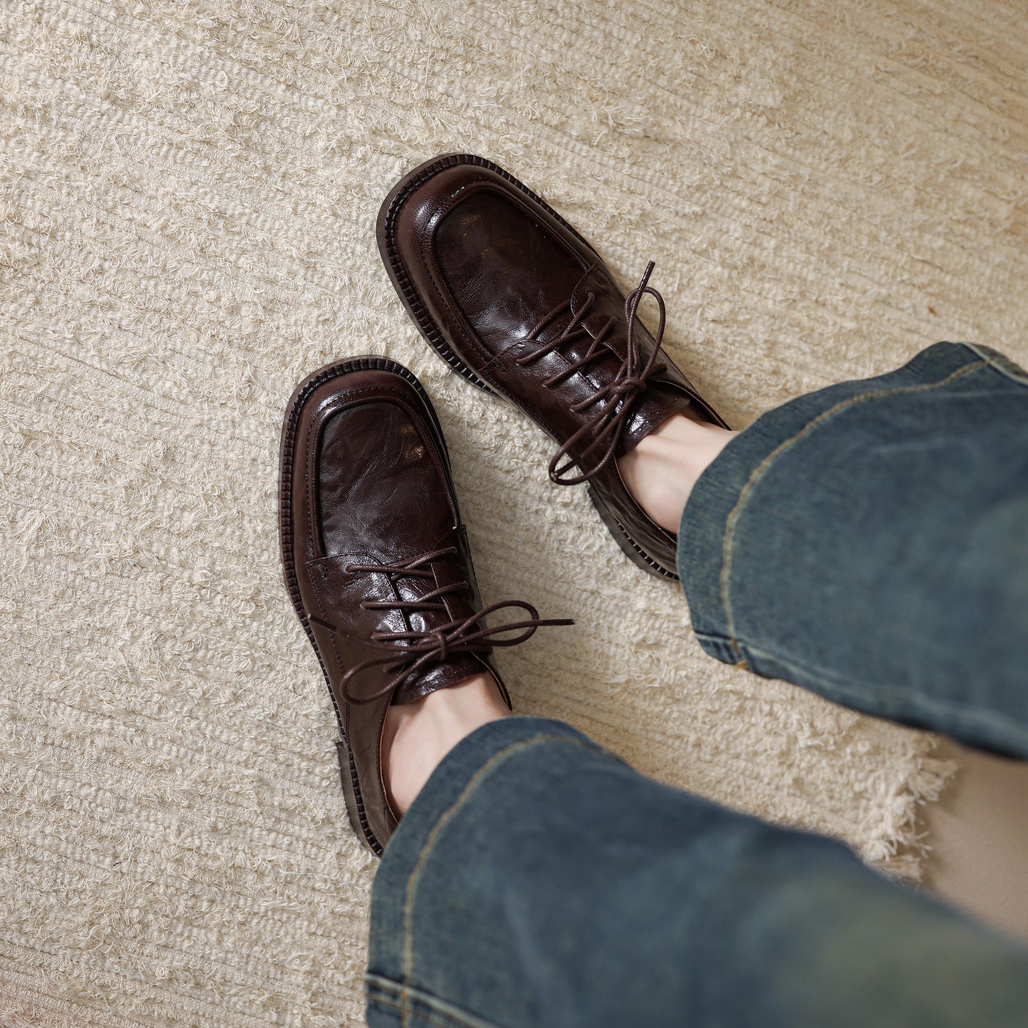 TinaCus Handmade Women's Genuine Leather Lace-Up Square Toe Office Oxford Shoes