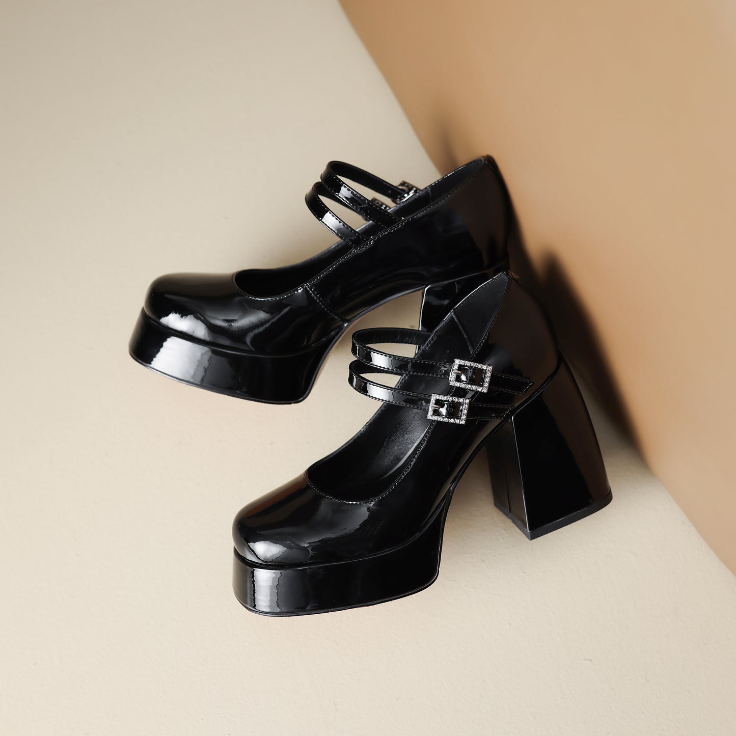 TinaCus Handmade Women's Patent/Suede Leather Double Buckle Square Toe High Block Heel Pumps