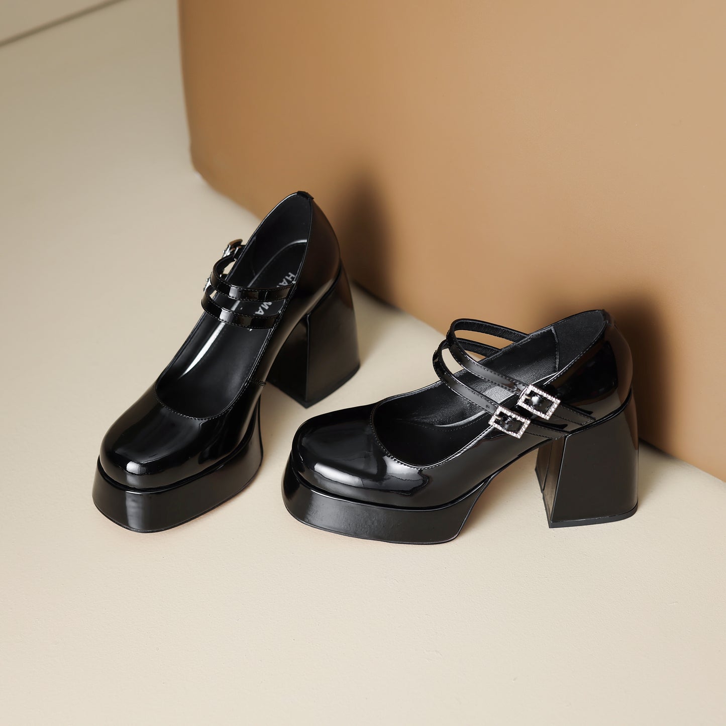 TinaCus Handmade Women's Patent/Suede Leather Double Buckle Square Toe High Block Heel Pumps