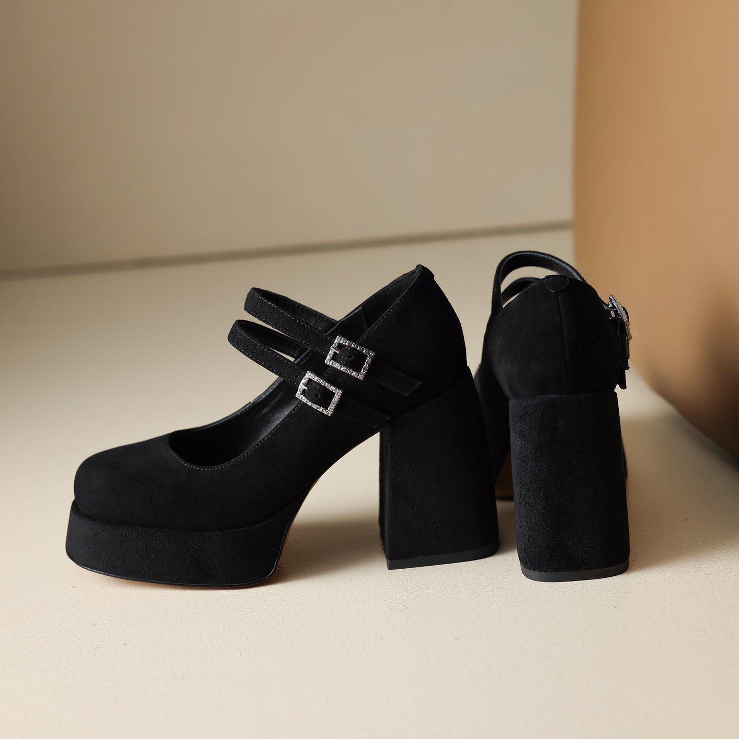 TinaCus Handmade Women's Patent/Suede Leather Double Buckle Square Toe High Block Heel Pumps