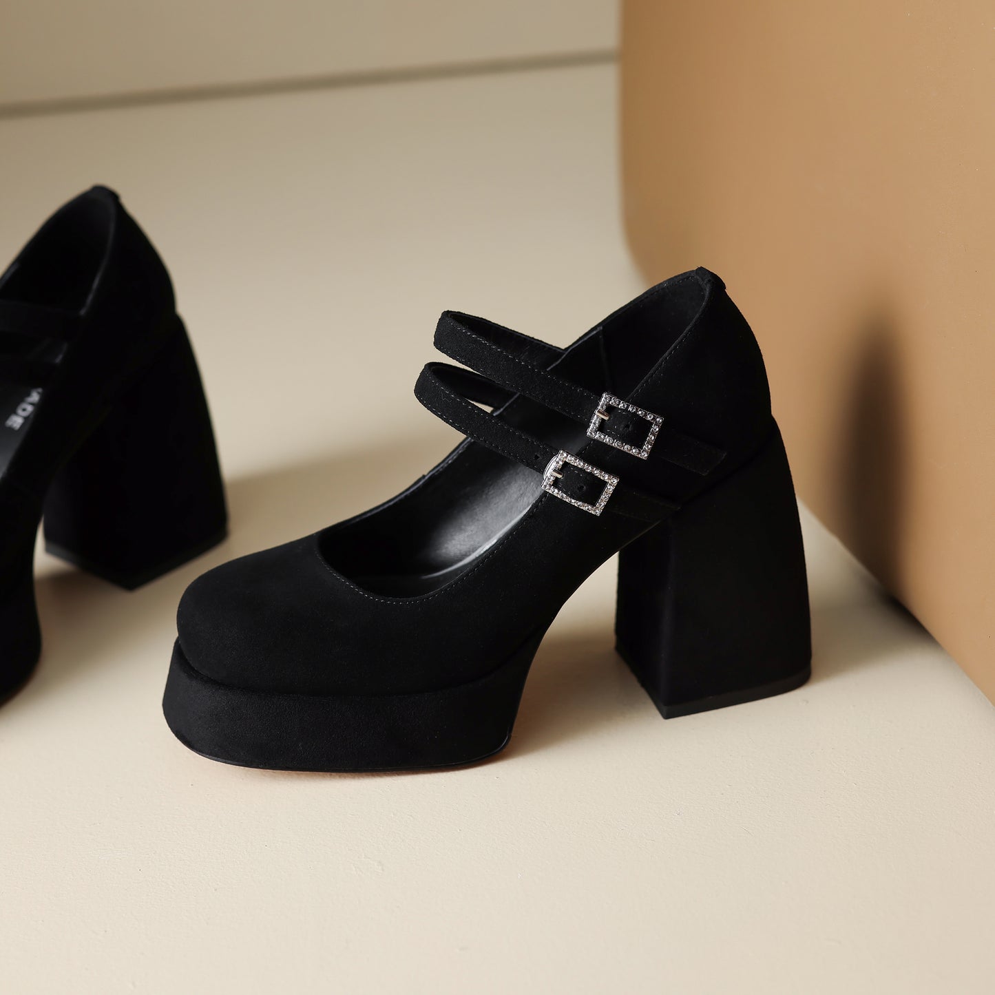 TinaCus Handmade Women's Patent/Suede Leather Double Buckle Square Toe High Block Heel Pumps