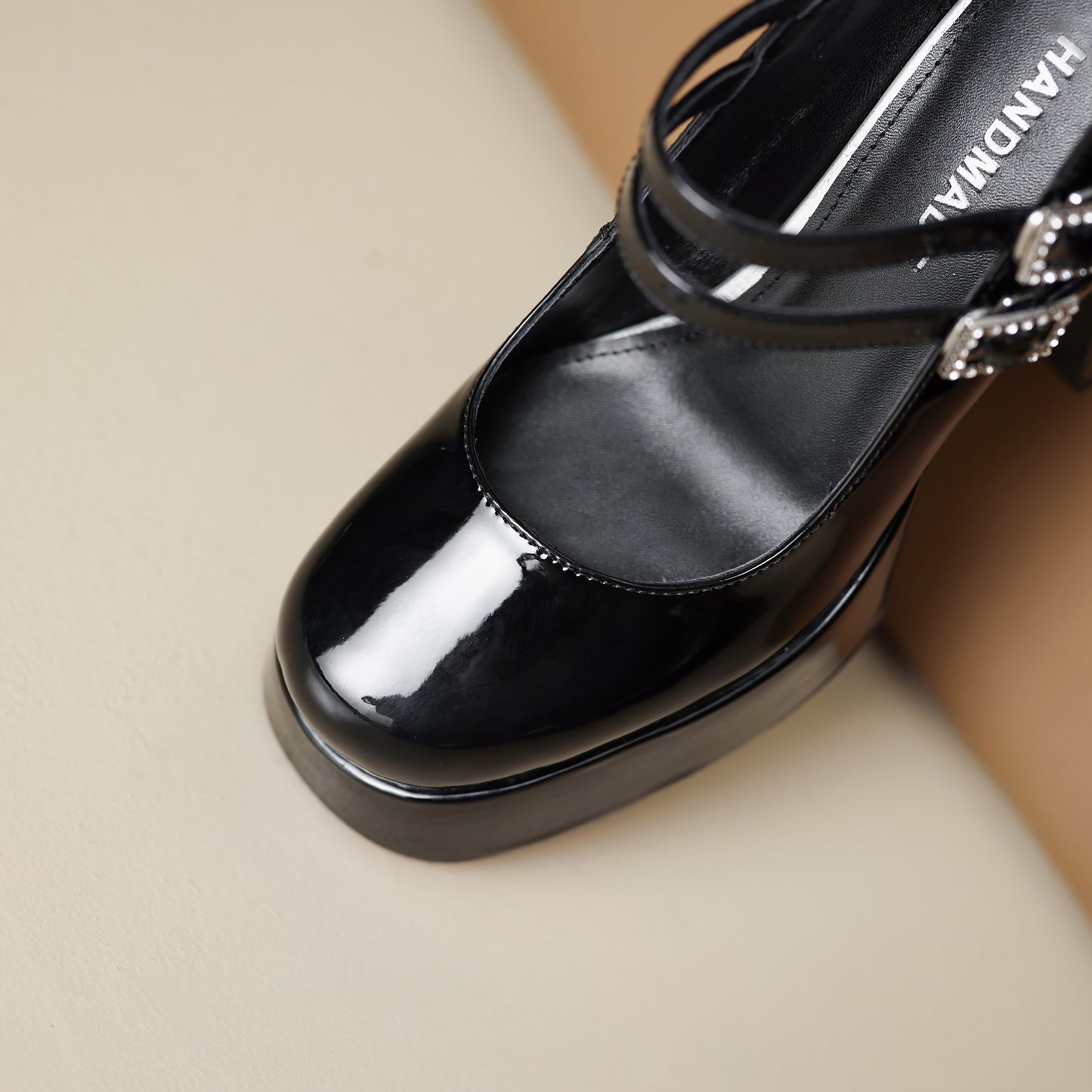 TinaCus Handmade Women's Patent/Suede Leather Double Buckle Square Toe High Block Heel Pumps