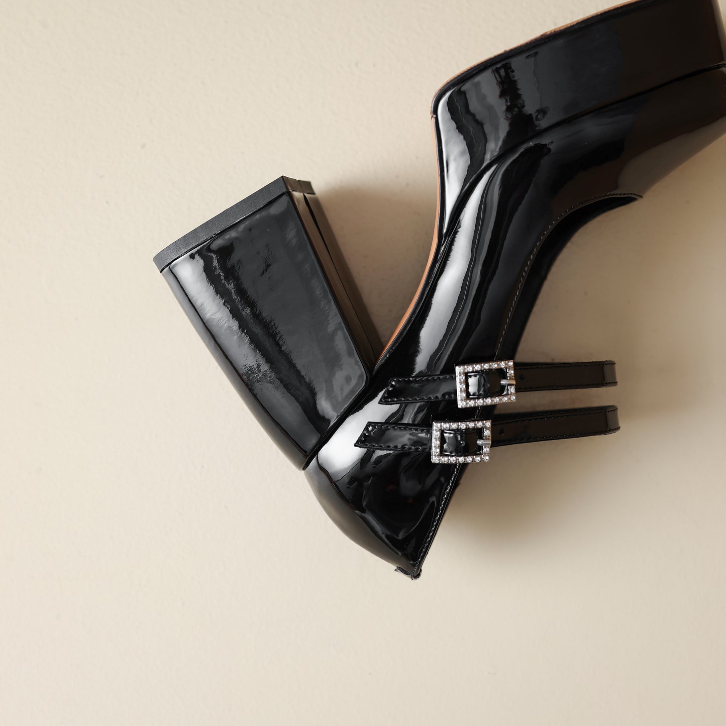 TinaCus Handmade Women's Patent/Suede Leather Double Buckle Square Toe High Block Heel Pumps