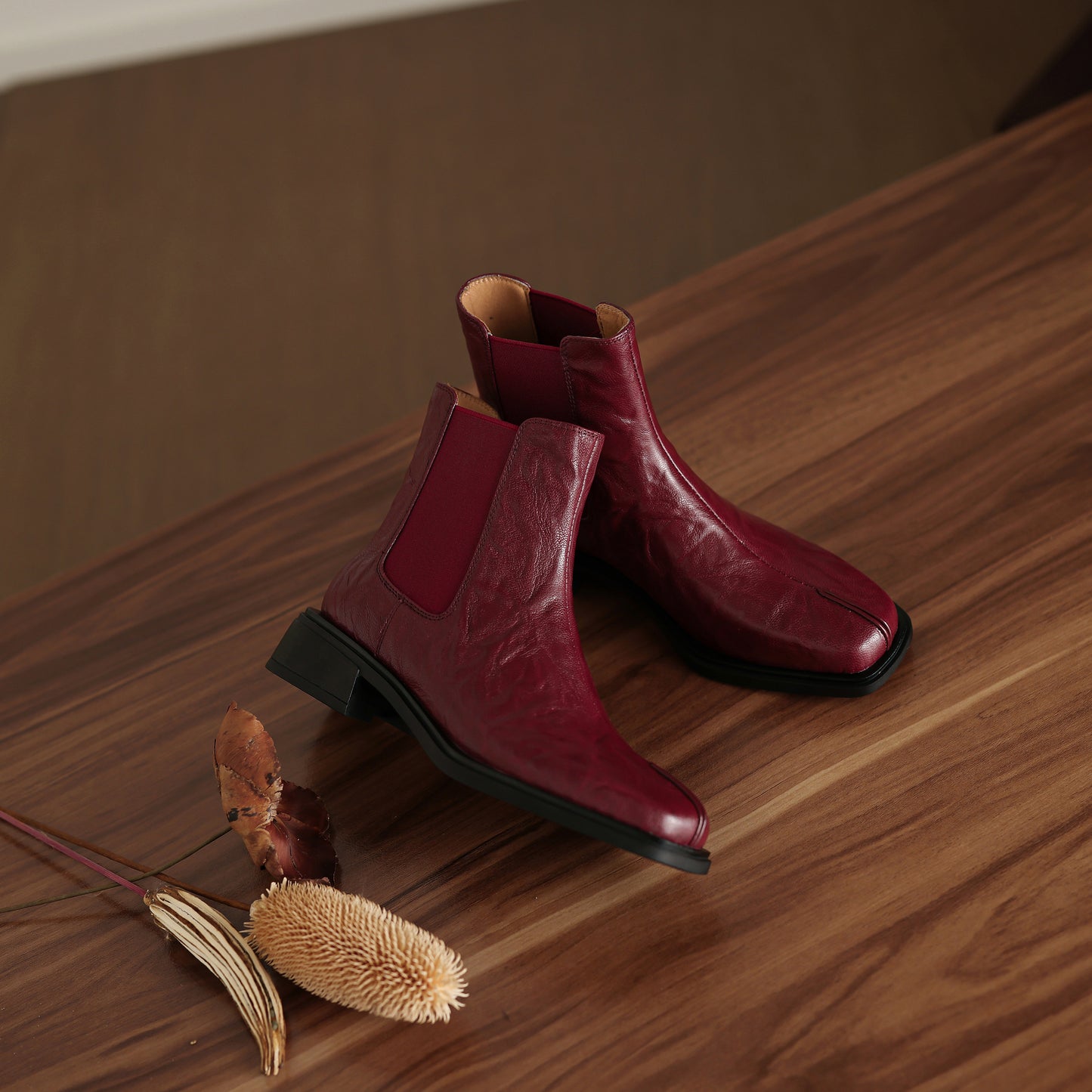 TinaCus Women's Chelsea Booties Handmade Genuine Leather Elastic Panel Square Toe Chunky Heel