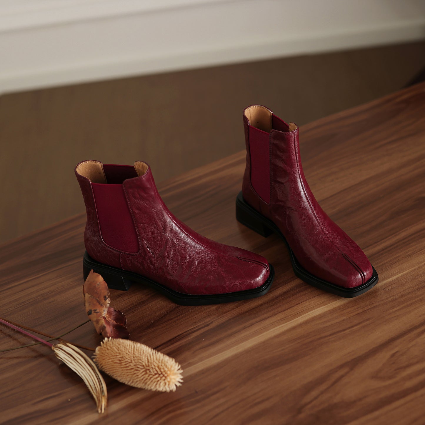 TinaCus Women's Chelsea Booties Handmade Genuine Leather Elastic Panel Square Toe Chunky Heel