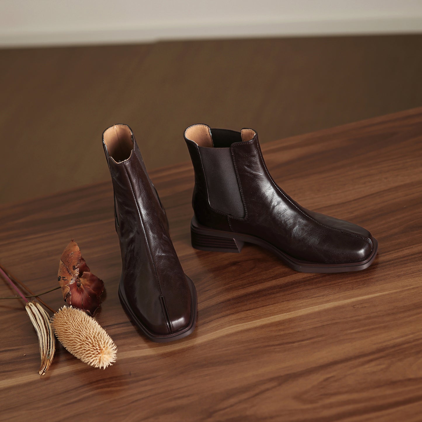 TinaCus Women's Chelsea Booties Handmade Genuine Leather Elastic Panel Square Toe Chunky Heel