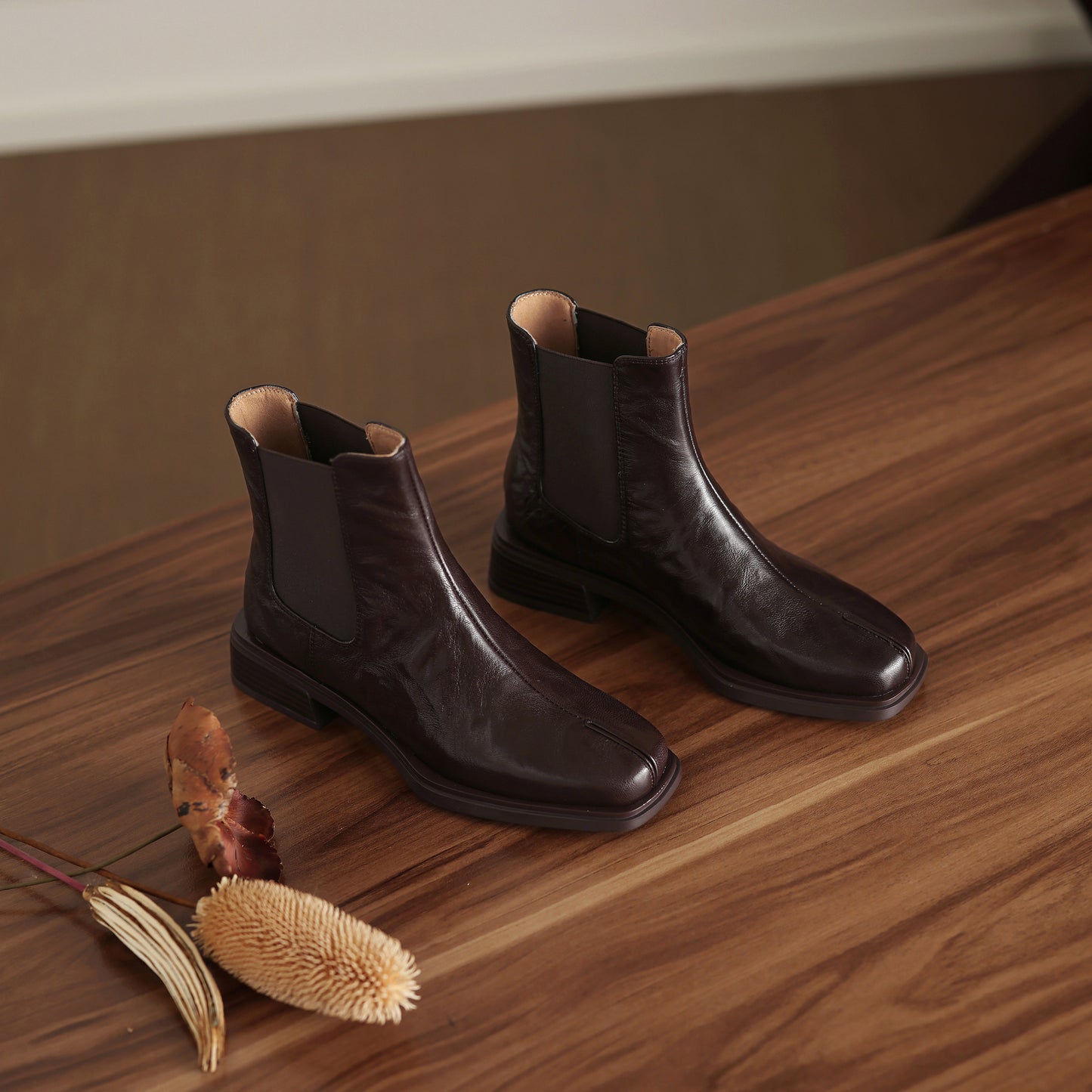 TinaCus Women's Chelsea Booties Handmade Genuine Leather Elastic Panel Square Toe Chunky Heel