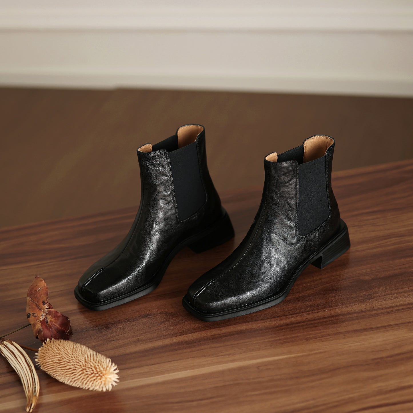 TinaCus Women's Chelsea Booties Handmade Genuine Leather Elastic Panel Square Toe Chunky Heel