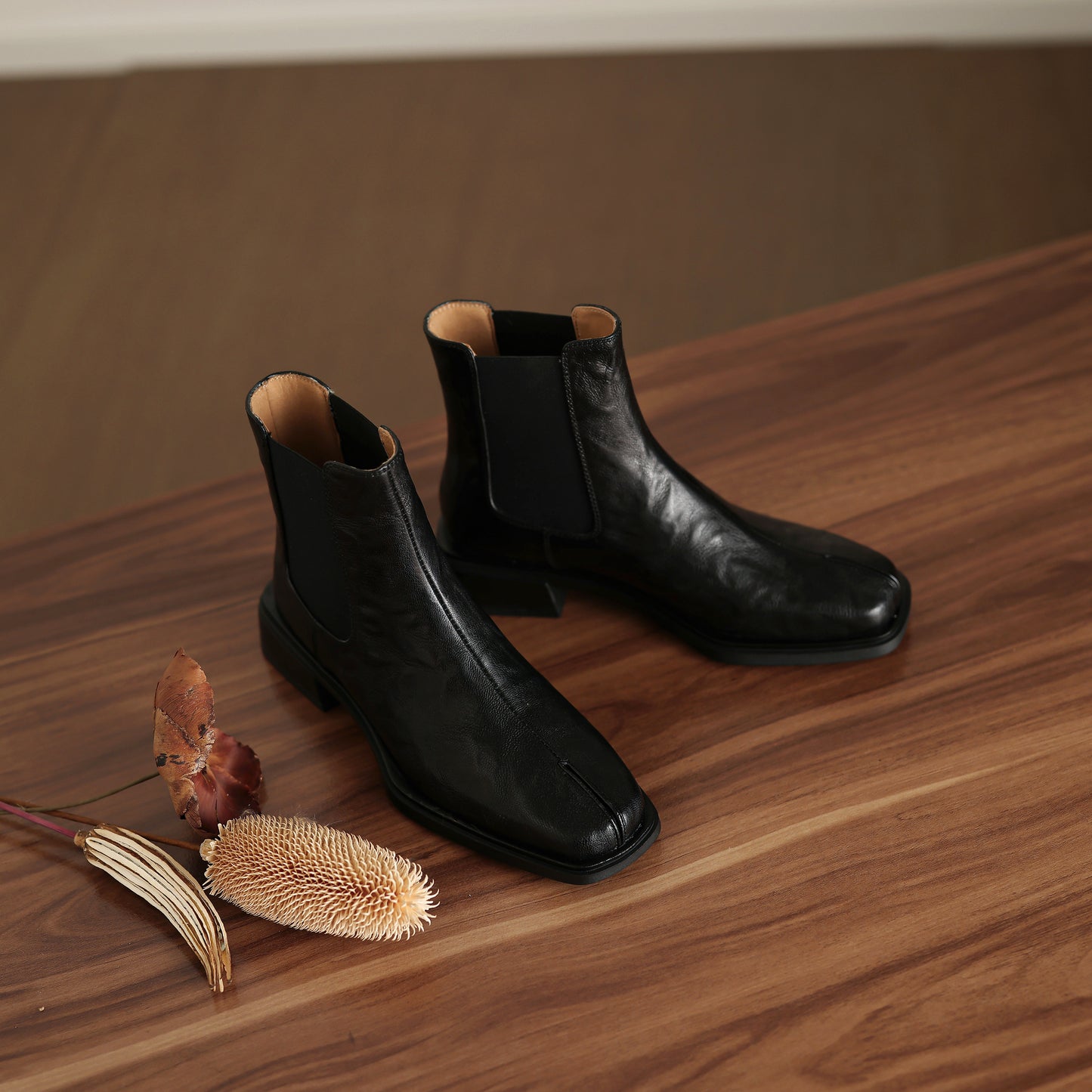 TinaCus Women's Chelsea Booties Handmade Genuine Leather Elastic Panel Square Toe Chunky Heel