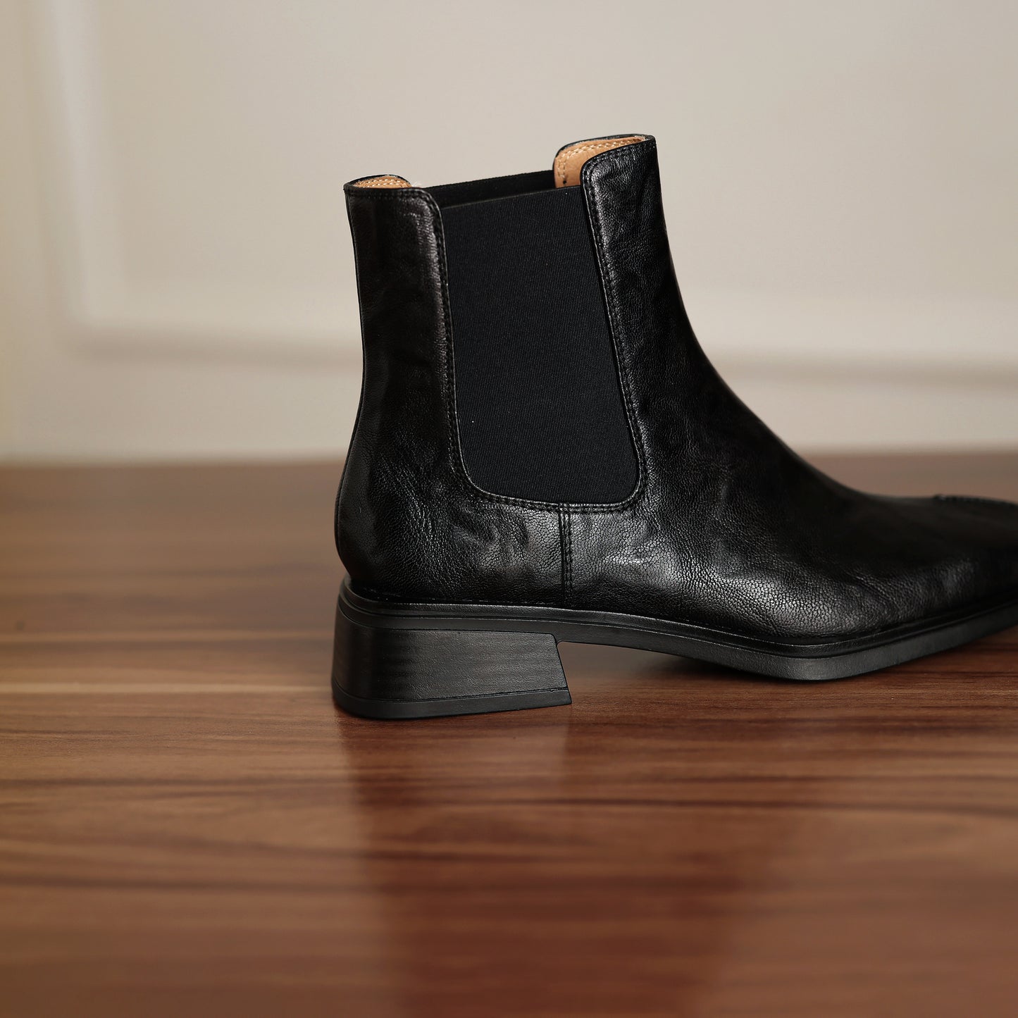 TinaCus Women's Chelsea Booties Handmade Genuine Leather Elastic Panel Square Toe Chunky Heel