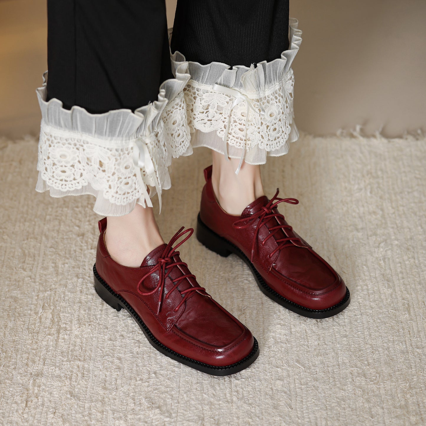 TinaCus Handmade Women's Genuine Leather Lace-Up Square Toe Office Oxford Shoes