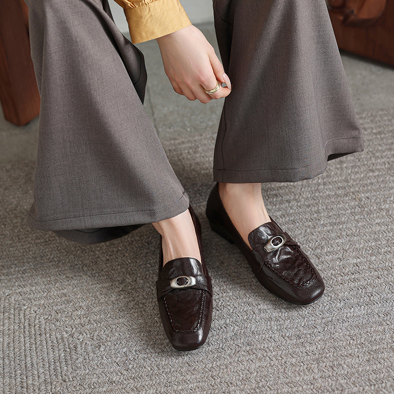 TinaCus Women's Penny Loafers Genuine Leather Handmade Square Toe Decorated Buckle Stylish Comfortable Shoes