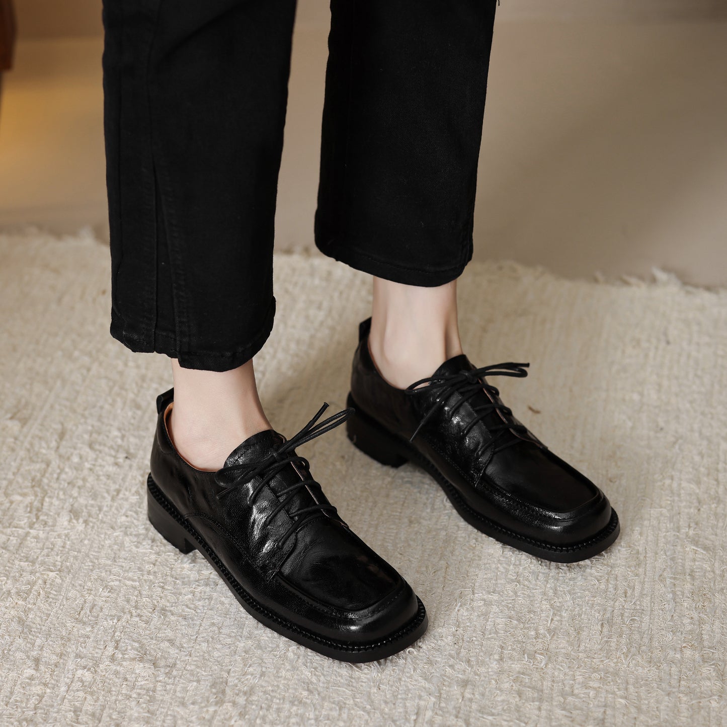 TinaCus Handmade Women's Genuine Leather Lace-Up Square Toe Office Oxford Shoes