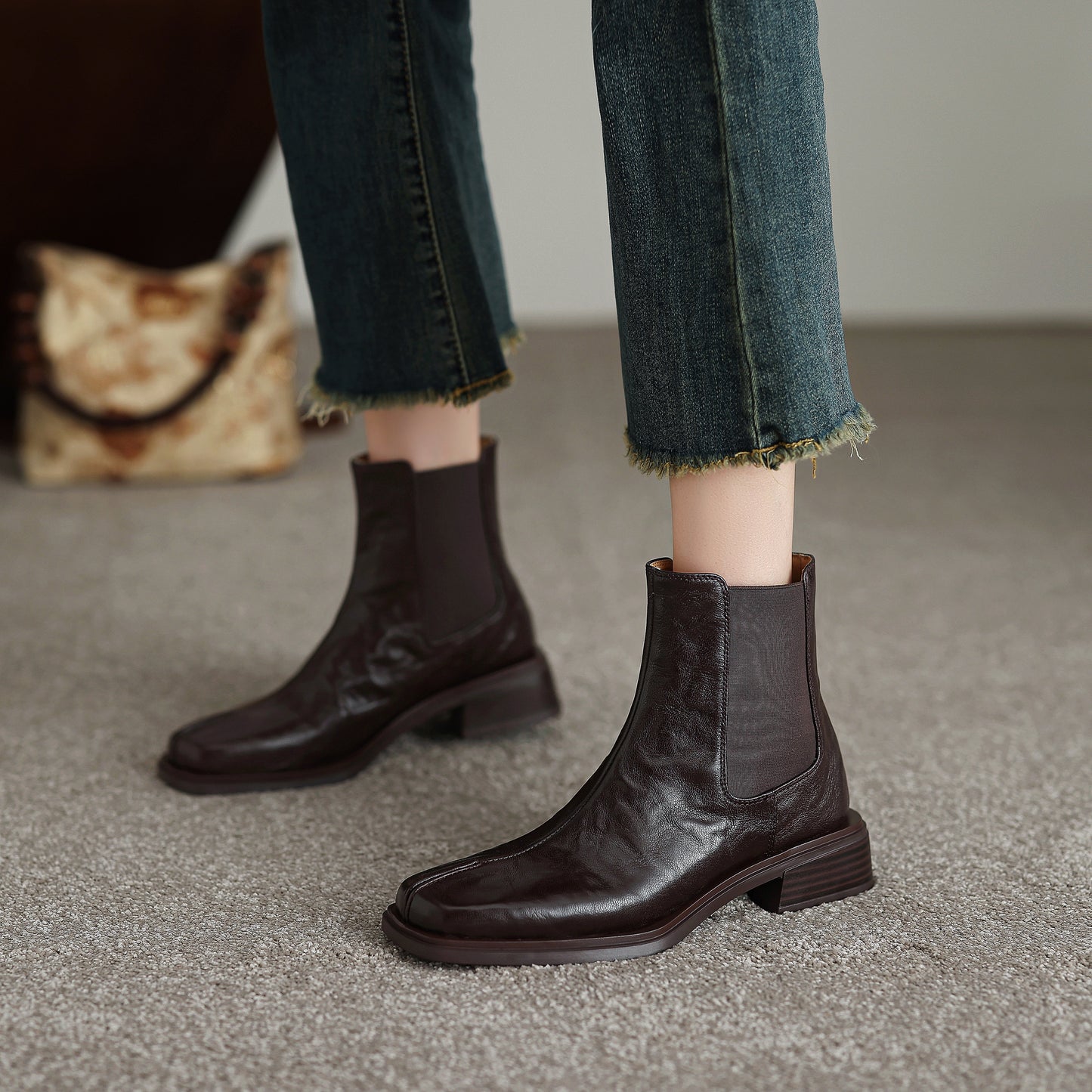 TinaCus Women's Chelsea Booties Handmade Genuine Leather Elastic Panel Square Toe Chunky Heel