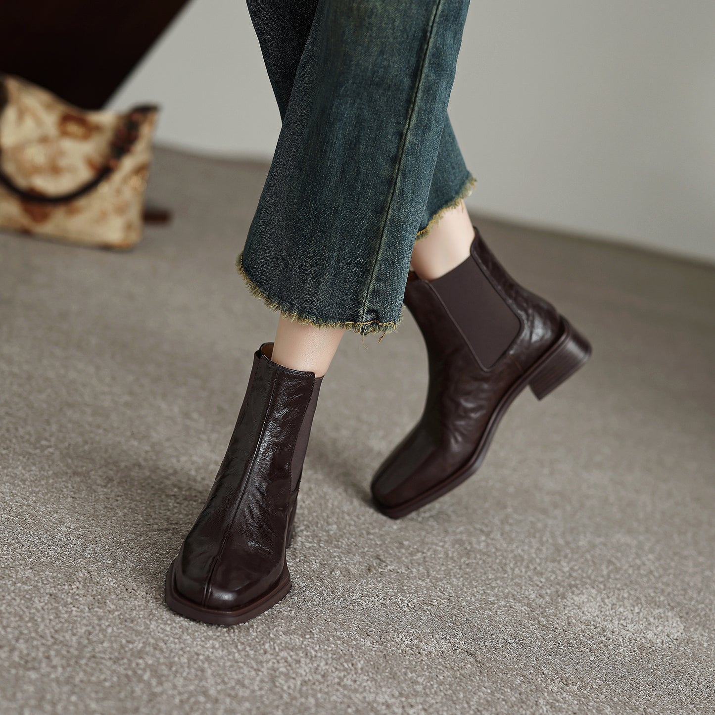 TinaCus Women's Chelsea Booties Handmade Genuine Leather Elastic Panel Square Toe Chunky Heel