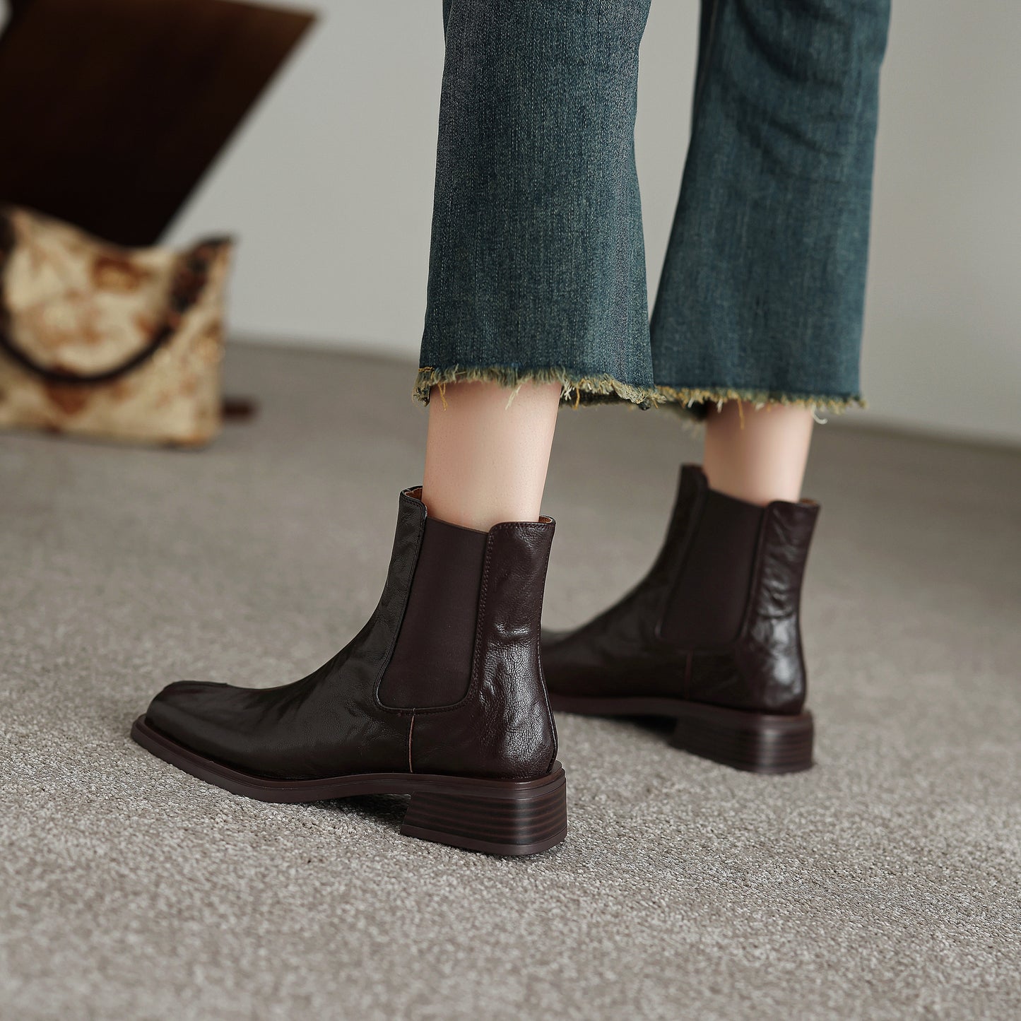 TinaCus Women's Chelsea Booties Handmade Genuine Leather Elastic Panel Square Toe Chunky Heel