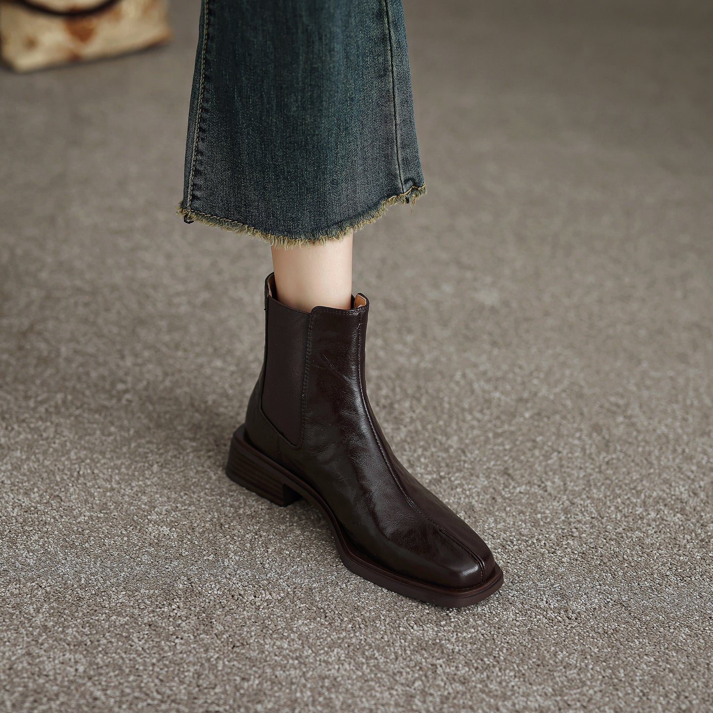 TinaCus Women's Chelsea Booties Handmade Genuine Leather Elastic Panel Square Toe Chunky Heel