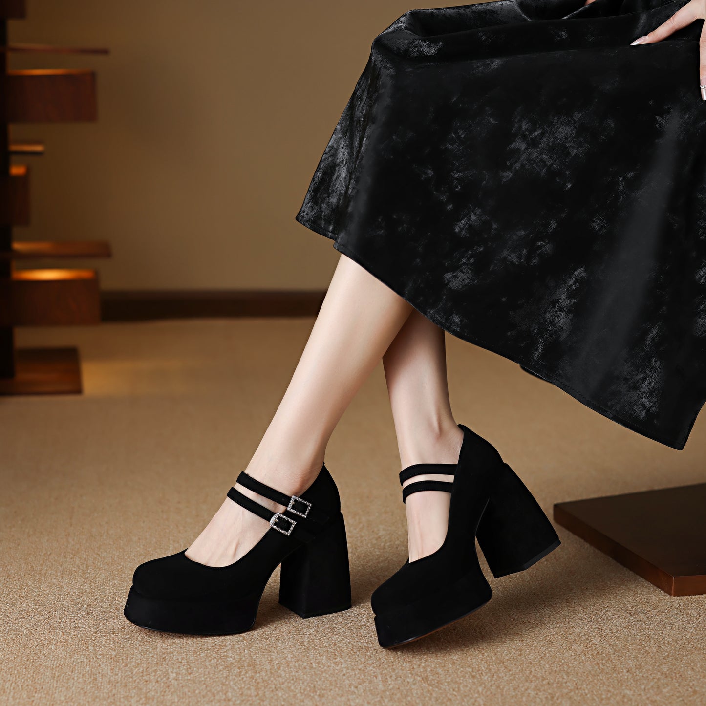 TinaCus Handmade Women's Patent/Suede Leather Double Buckle Square Toe High Block Heel Pumps