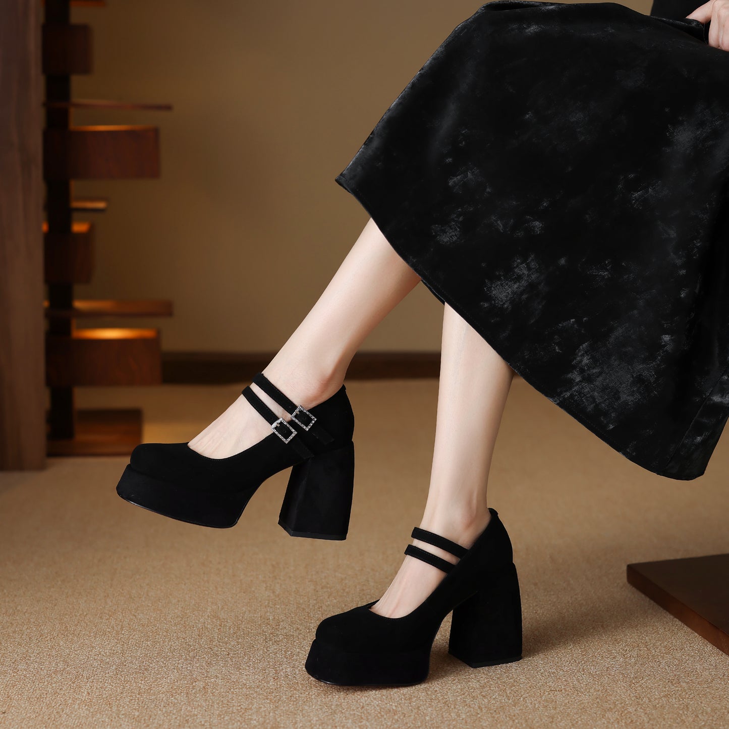 TinaCus Handmade Women's Patent/Suede Leather Double Buckle Square Toe High Block Heel Pumps